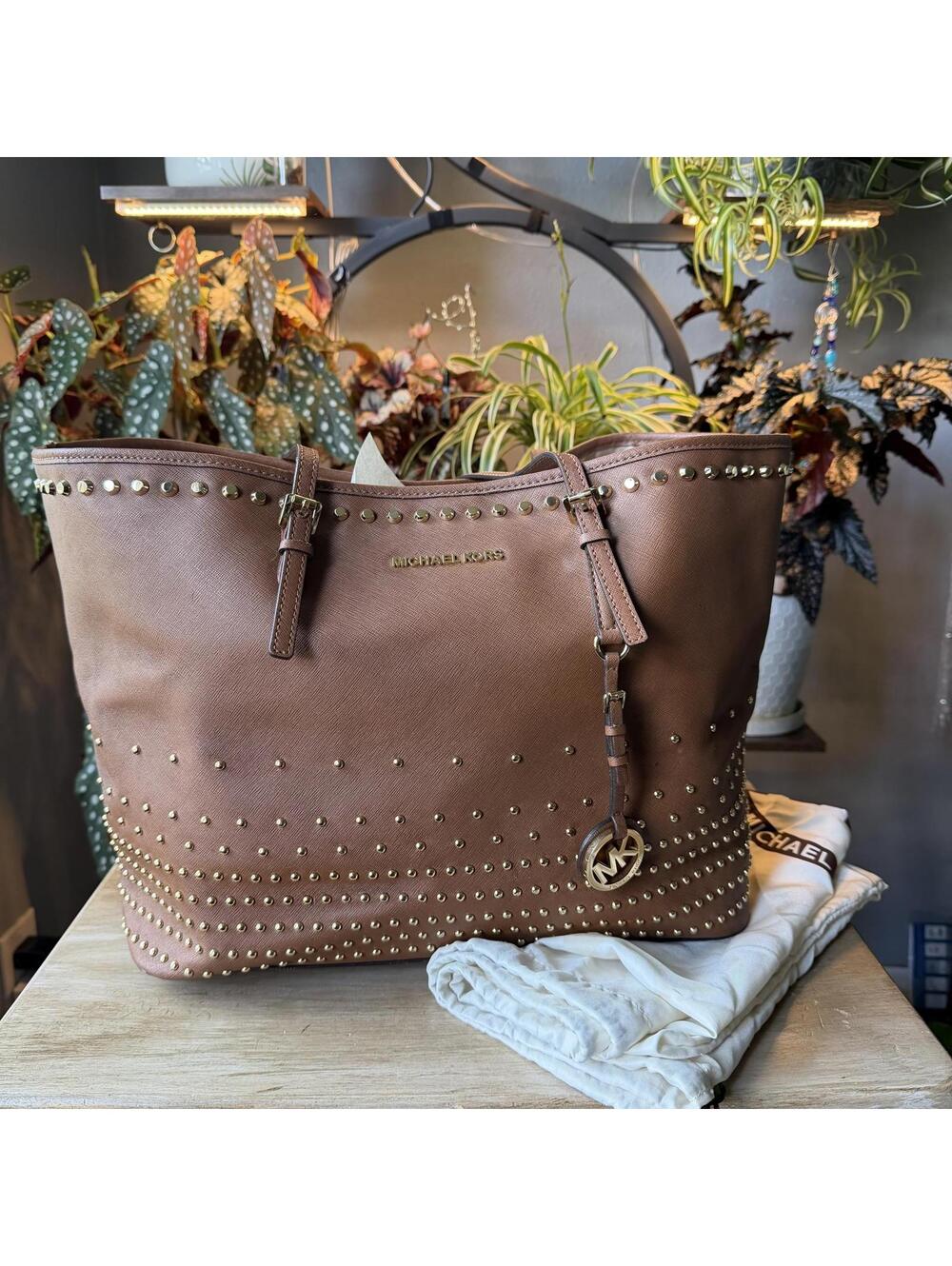 Michael Kors Brown Leather jet set Studded Leather Tote Bag with dust bag